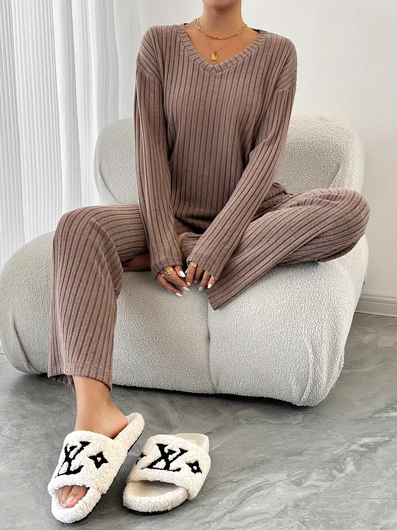 ribbed solid color knitted pantsuits casual drop shoulder long sleeve v neck top straight leg pants outfits womens clothing Product details 4
