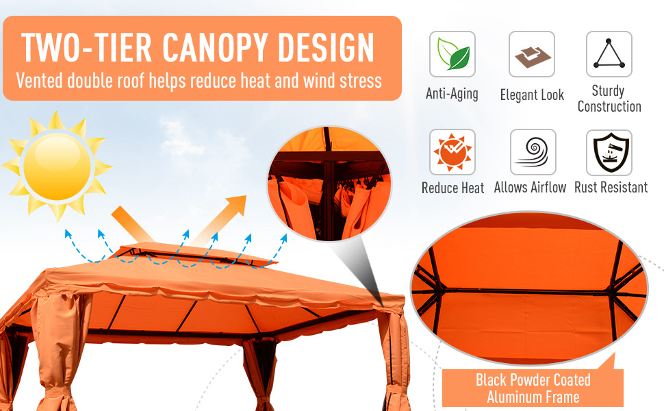 Aluminum Frame Gazebo Canopy Double Tier Garden Shelter