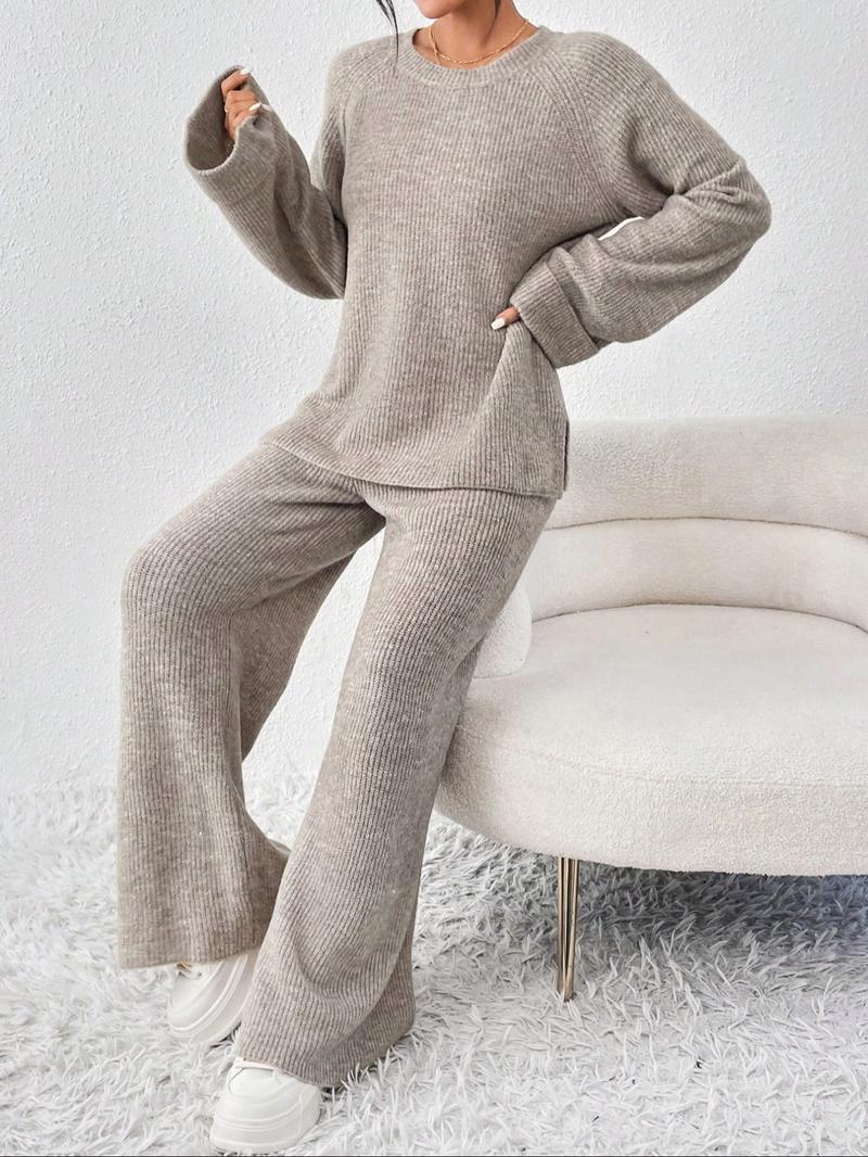 Women's Raglan Sleeve Split Sweater & Elastic Waist Pants Set, Basic Round Neck Top & Pants Sweater Set, Women's Autumn & Winter Clothing for Daily Wear.