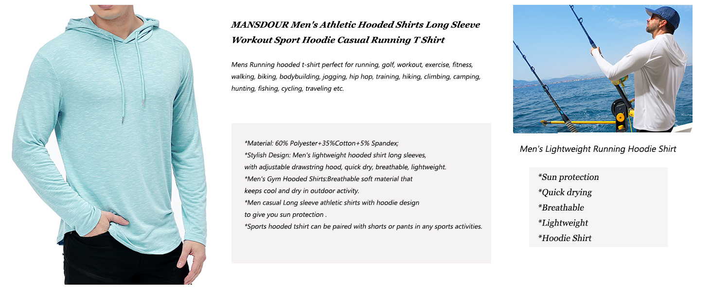 athletic hoodie shirt /hooded workout shirt men  /mens lightweight hoodie/light blue hoodie for gym