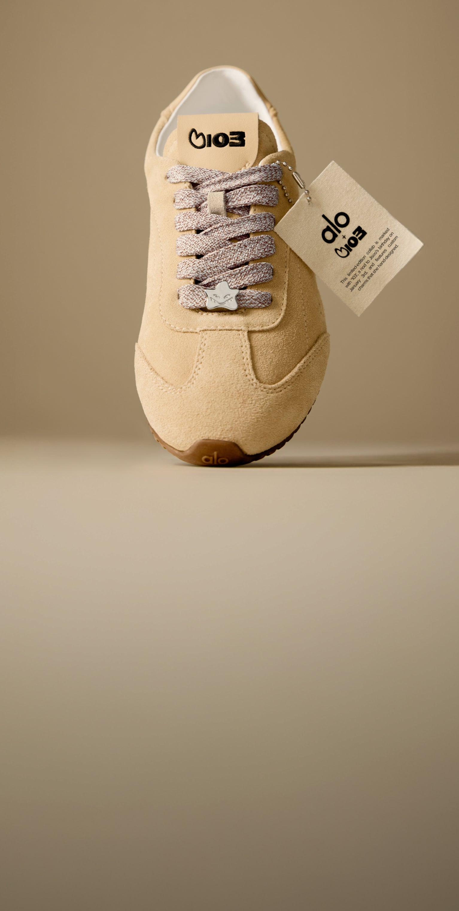 Close-up of the ALO x Jisoo Caramel Cream Sunset sneaker highlighting design details