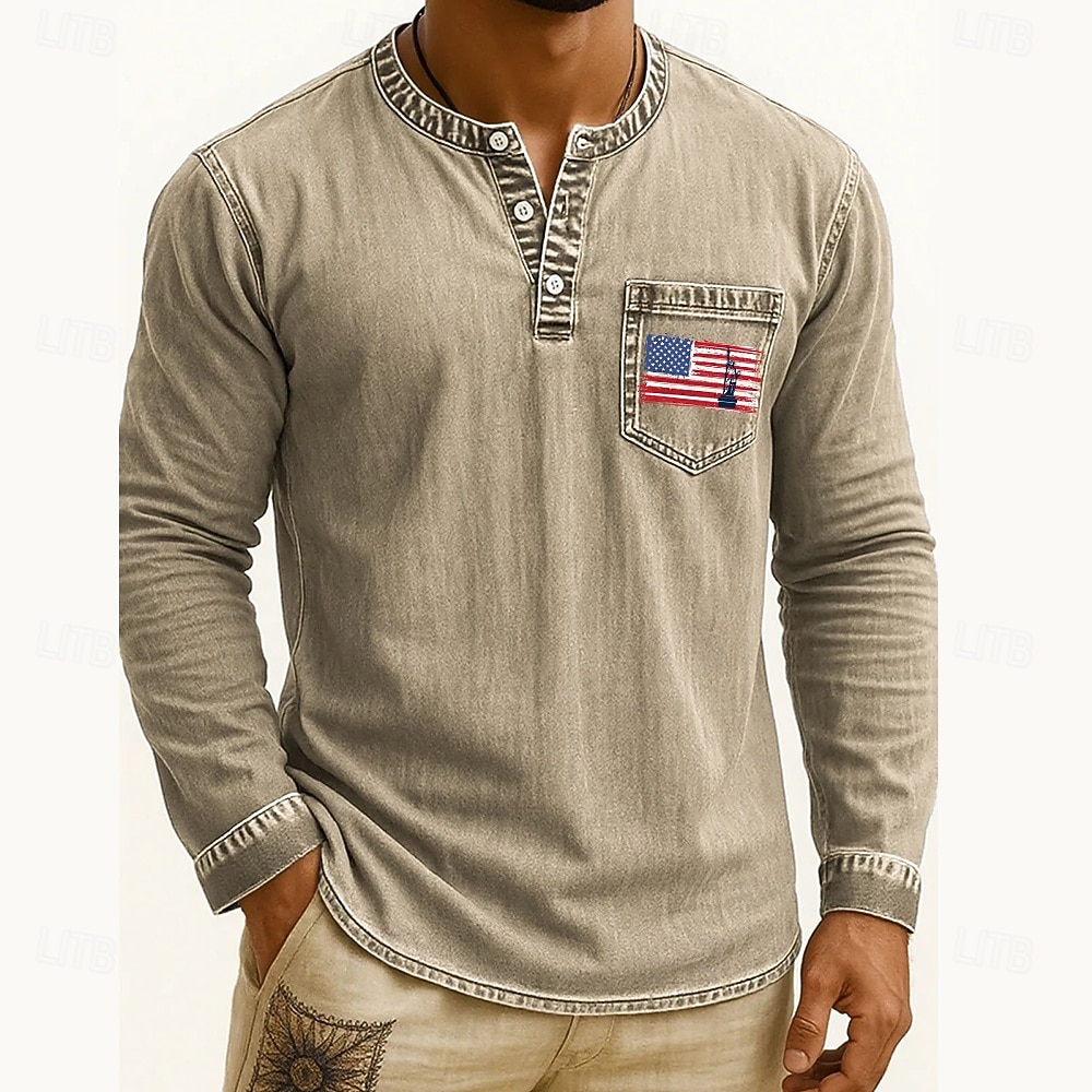 Men's Henley Shirt Tee Tee Top Long Sleeve Shirt Long Sleeve Henley Fall Winter Flag Retro Fashion Designer Fashion Vintage Vacation Street Going out Dark Brown Navy Black Top Tee for Men 2025 - $35.99 –P4
