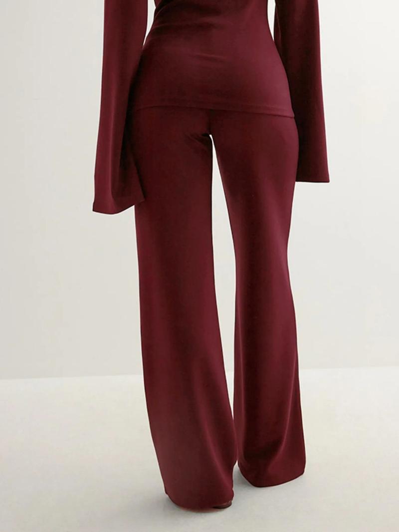 Women's Fall New Round Neck Flare Long Sleeve Top & Elastic Waist Straight Leg Pants Set, Casual Fashion for Daily Wear