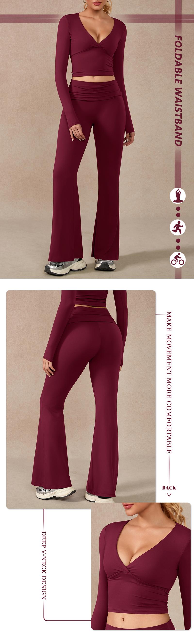 TIMEOFF Women's 2-Piece Long Sleeve Plunging V-Neck Set - Foldable Waistband, 2 Wearing Styles, Solves Style Boredom & Fit Flaws, Perfect for Gym, Casual Outings & Daily Fashion,sweatsuit set outfit,comfort sweat set,sweatsuits women