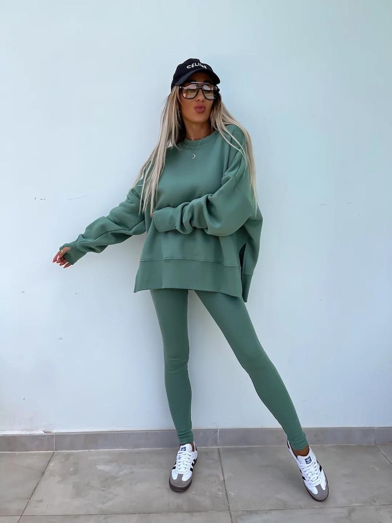 Oversize Two-Piece Set Women's  Split Hem Sweatshirt & Skinny Pants, Casual Fashion Cozy Round Neck Long Sleeve Pullover Women's Clothing for Fall & Basic Winter  Suits Womenswear Gamis