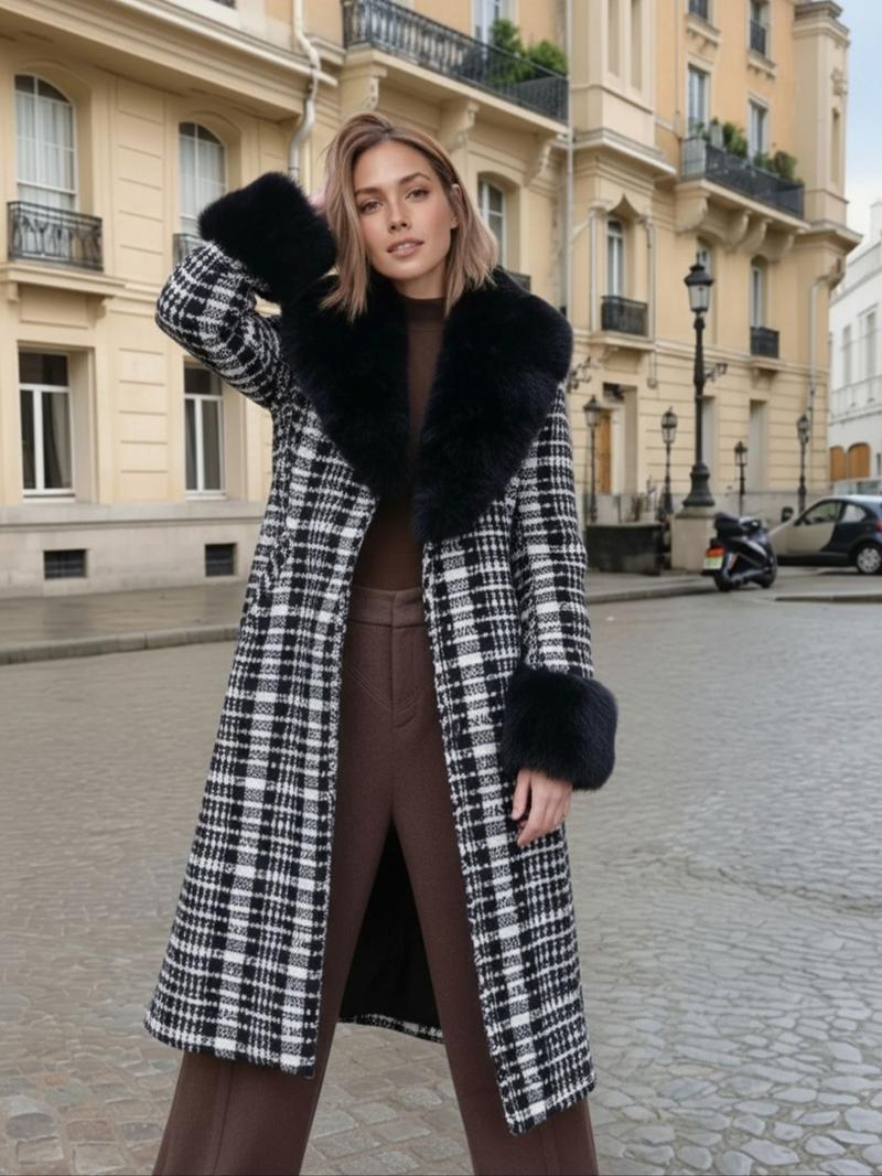 Women's Fall Winter Mid-Length Plain Woolen Coat, Warm Fitted Jacket with Fur Collar, Waist Belt & Pockets, Casual Style