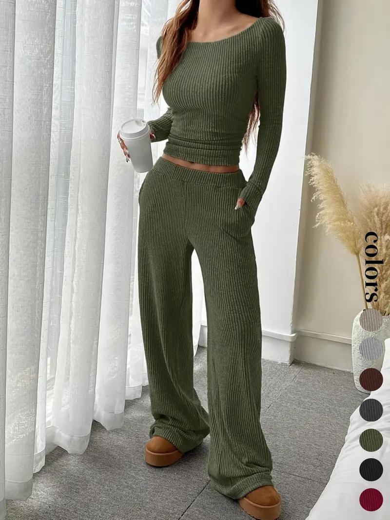 Women's Casual Striped Long Sleeve Top & Loose Pocket Pants Set, European Style Womenswear, Comfortable for Daily Wear