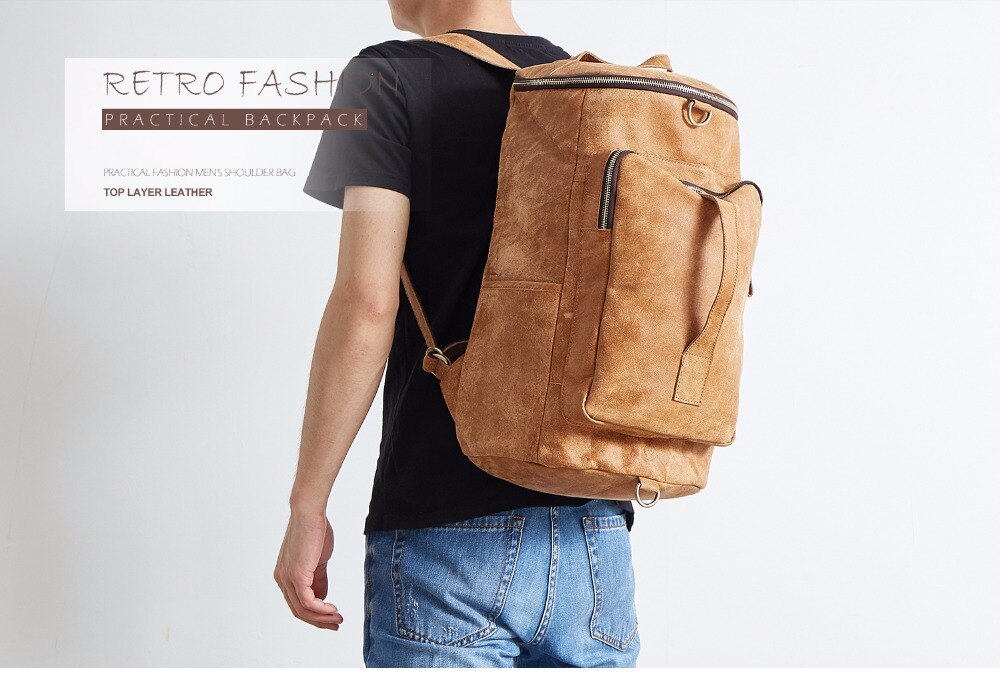 Model Show of Woosir Genuine Leather Cylindrical Backpack 