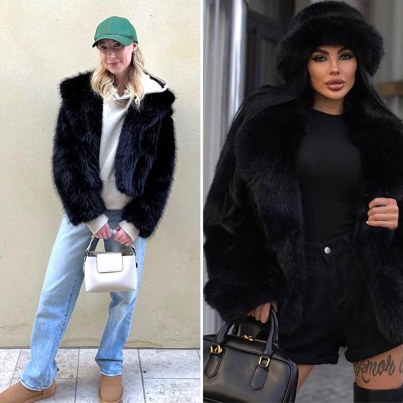 Buenoble Women's Brown Faux Fur Coat Winter Fluffy Short Jacket Warm Fuzzy Oversized Outwear Top Shaggy Collar Full Lining Short Jacket with Side Pockets