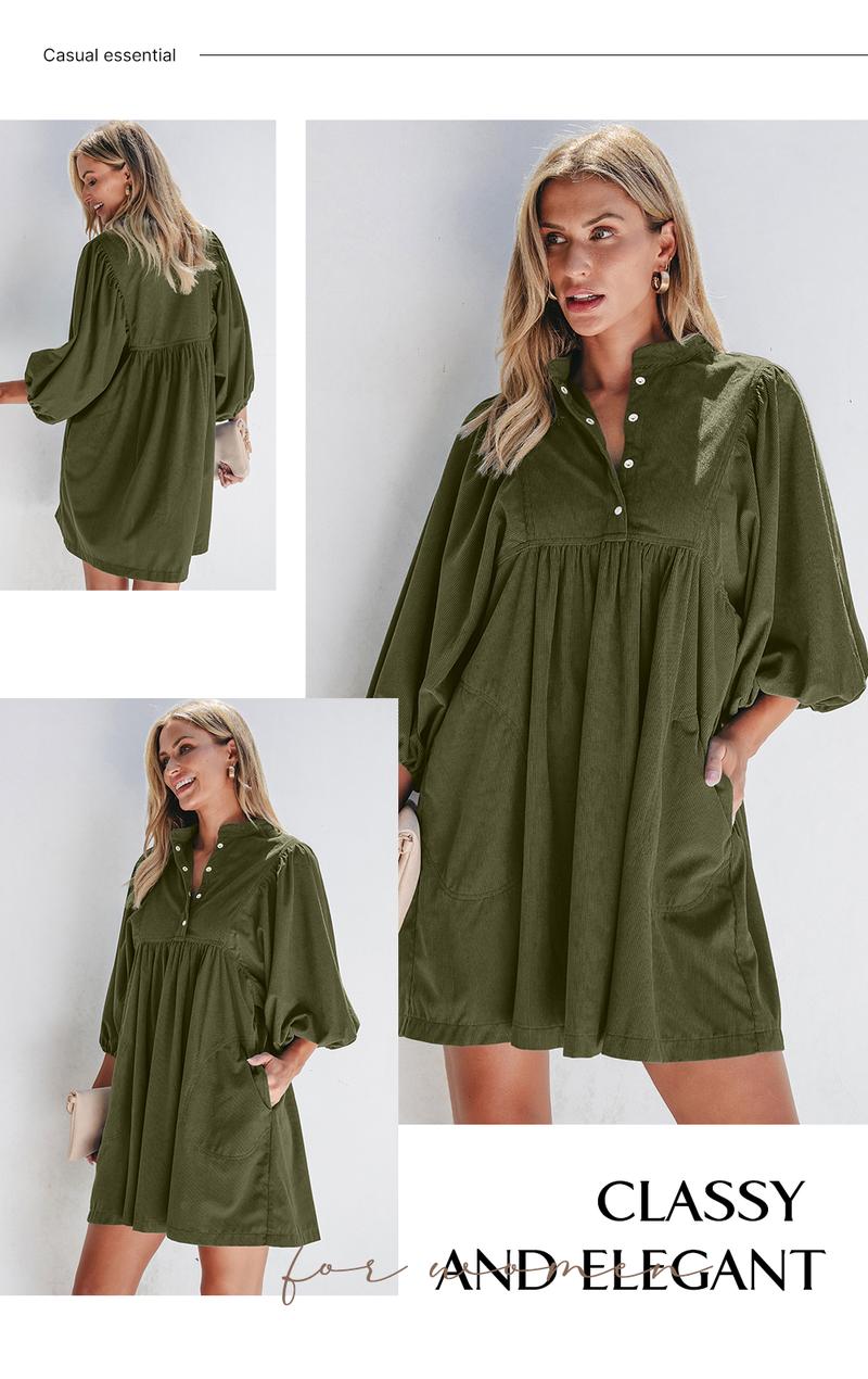 Asvivid Womens Fall Fashion Corduroy Snap Buttons Empire Waist Bracelet Sleeve Plain Dress with Puff Sleeves Casual Dresses Autumn Clothes