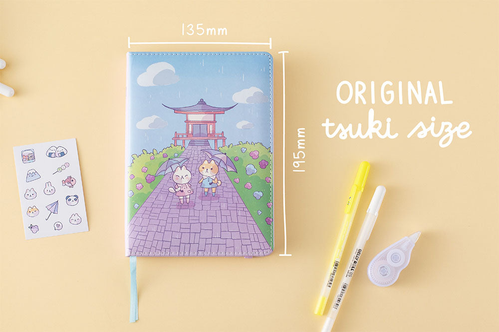 Tsuki Four Seasons: Summer Edition Bullet Journal in original tsuki size designed with @milkkoyo with free sticker sheet with pens and tape on honey yellow background