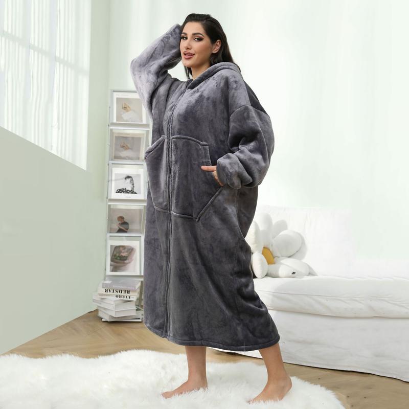 REDESS Flannel Sherpa Lined Pajamas Unisex Long Hooded Robe Zipper Front With Pockets Thick Warm for Fall Winter Nightwear Womenswear Loungewear Gowns Homewear
