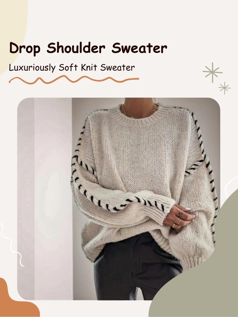 Women's Contrast Binding Drop Shoulder Sweater, Casual Long Sleeve Round Neck Jumper for Fall & Winter, Fashion Ladies' Knitwear for Daily Wear