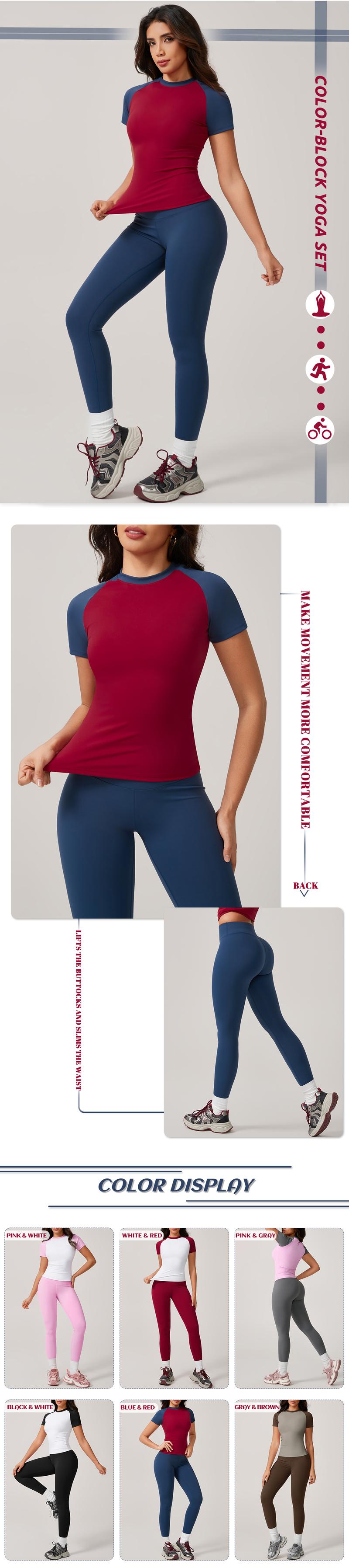 TimeOFF Women's Raglan Sleeve Color - Block Fitted Top & High - Waist Leggings Set for Stretchy Breathable Athletic Outfit for Yoga, Gym Workouts, Pilates and Casual Wear Sports Slim-Fitting sporty