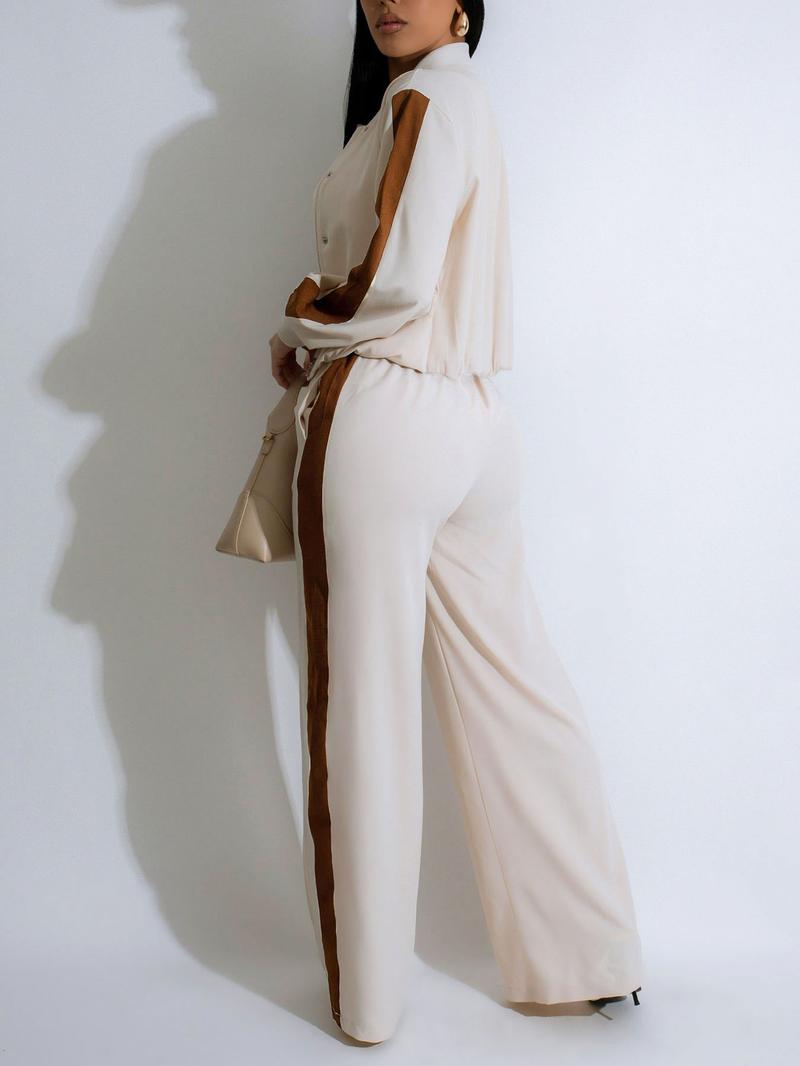 Two-piece Set Women's Patchwork  Top & Wide Leg Pants Set, Casual Long Sleeve  Outerwear & Pants for Daily Wear, Ladies Summer Clothes