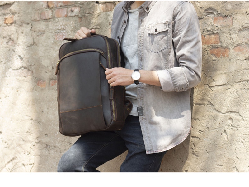 Outdoor Model&nbsp;Show&nbsp;of Woosir Leather Laptop Backpack with Trolley Sleeve and Double Compartments