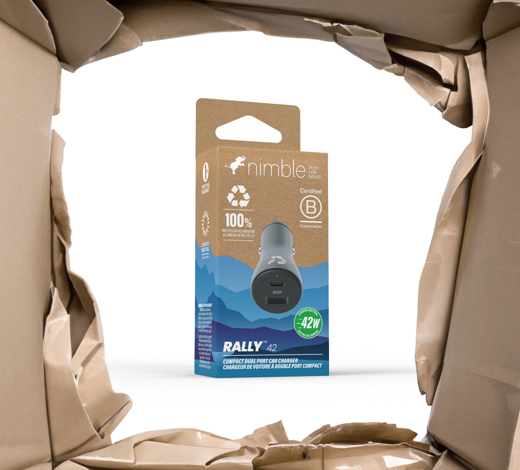 Rally 42 dual-port car charger packaged, inside an open cardboard box.