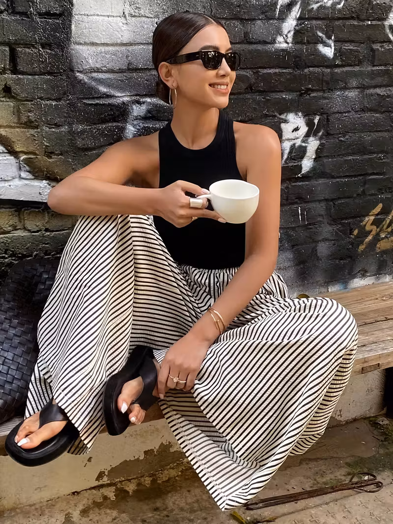 womens striped wide leg pants with elastic waist casual polyester machine washable high contrast vertical stripes comfortable   wear Product details 5