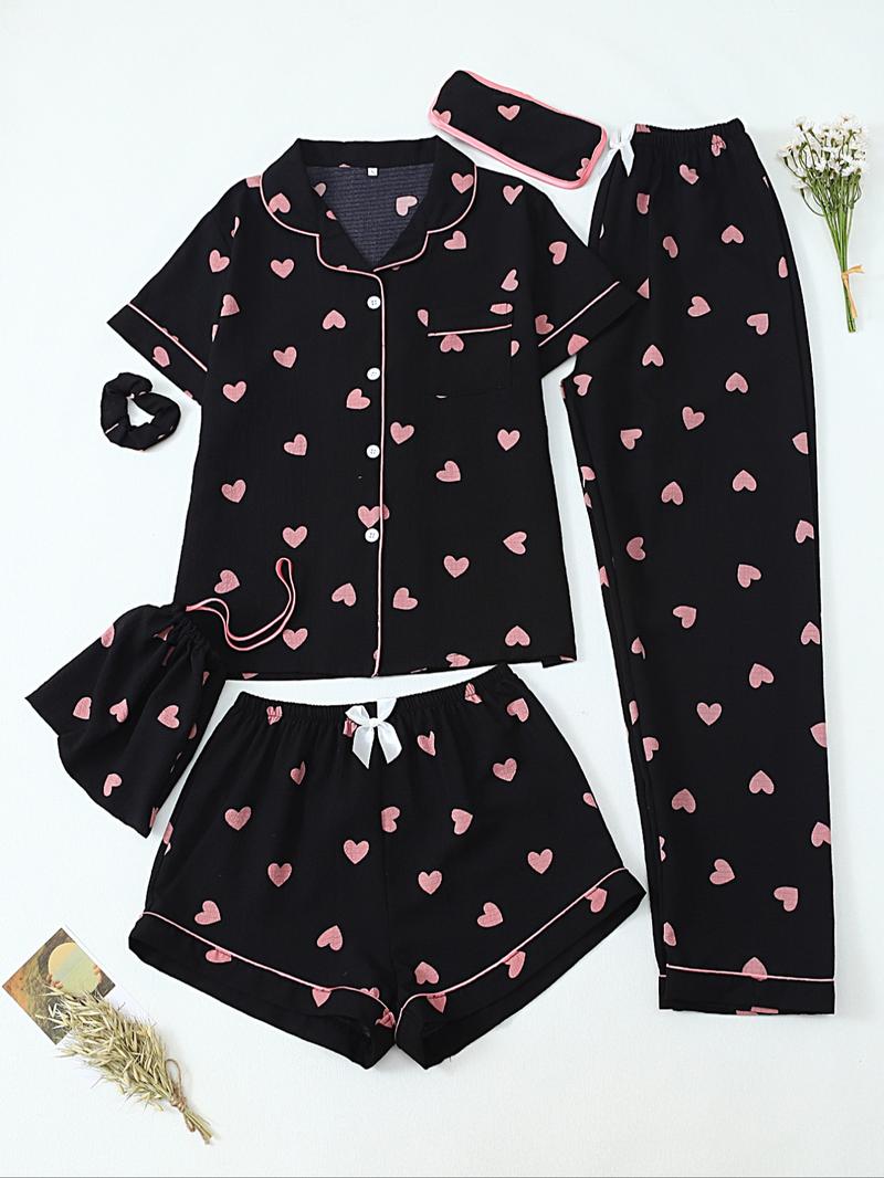 Women's All Over Print Top & Shorts & Pants & Accessories Pyjama Set, Casual Comfy Pj Set, Ladies Sleepwear for All Seasons