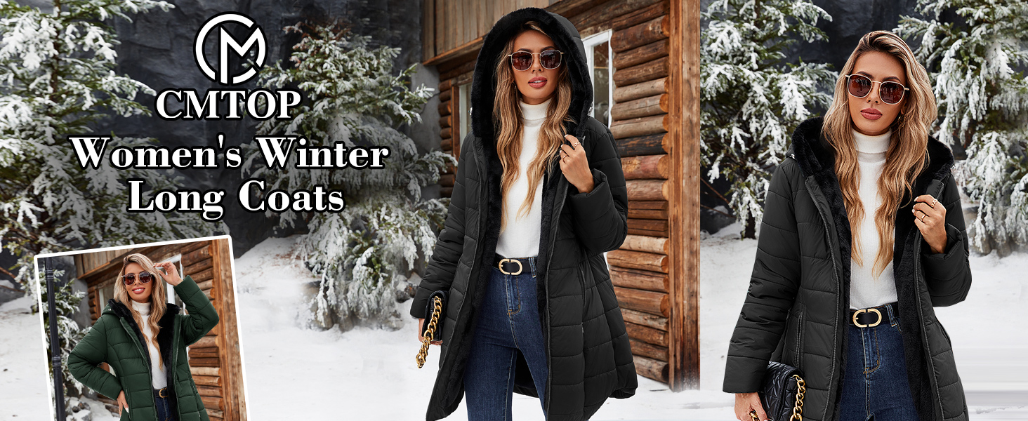 Text reads 'Women's Winter Long Coats'. Marketing image showing winter fashion photography in snowy setting with wood cabin backdrop.