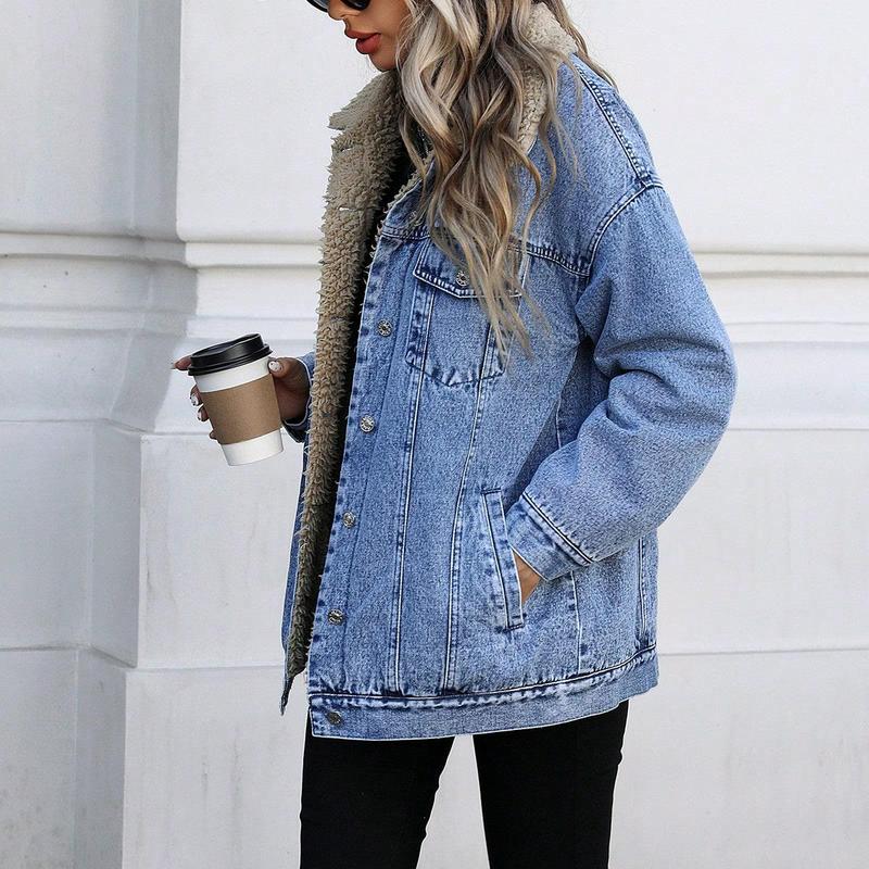 Women's Fall Winter Casual Fashion Jacket, Elegant Solid Color Stand Collar Thickened Warm Denim Coat, Versatile Outerwear for Women