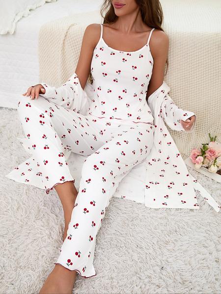 Cherry Print Women's Nightgown Set + Strap Pants, Comfortable Casual Home Wear, All-Season Fitted Sleepwear, Moderate Fabric