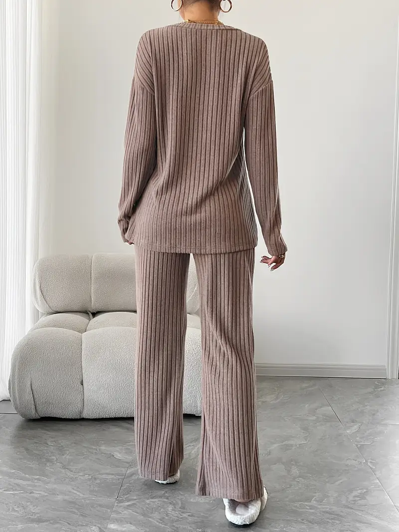 ribbed solid color knitted pantsuits casual drop shoulder long sleeve v neck top straight leg pants outfits womens clothing Product details 0