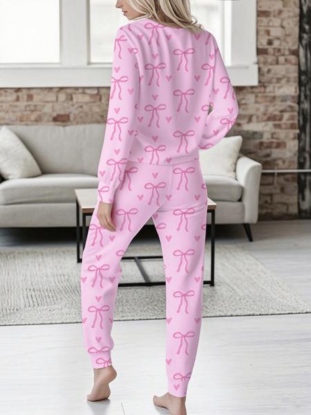 Women's Bow Print Casual Set, Long Sleeve V Neck Top & Tie Waist Pants, Spring & Fall Home Wear, Ladies Loungewear Sleepwear