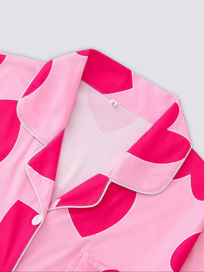 Two-piece Set Women's Bow Print Button Front Pocket Shirt & Elastic Waist Pants Pajama, Casual Comfy Long Sleeve Lapel Neck Top & Trousers Pj Set, Ladies Sleepwear for Spring & Fall