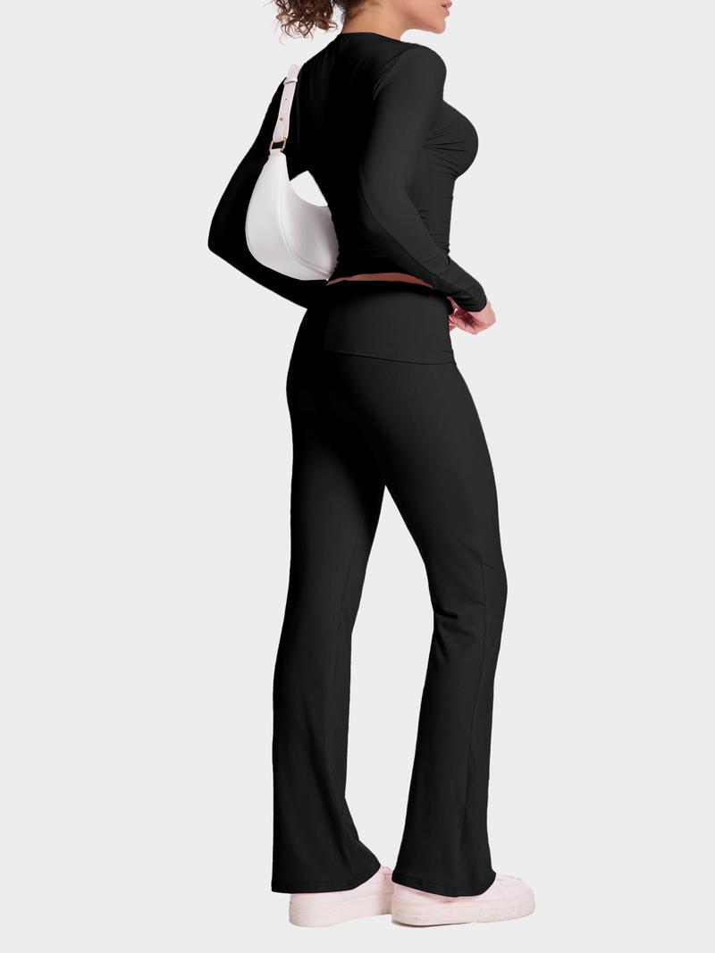 Women's two counts casual slim suit, including waist bell-bottoms and long-sleeved tops, is soft and can be worn outside, and Y2K style is matched with casual fashion.