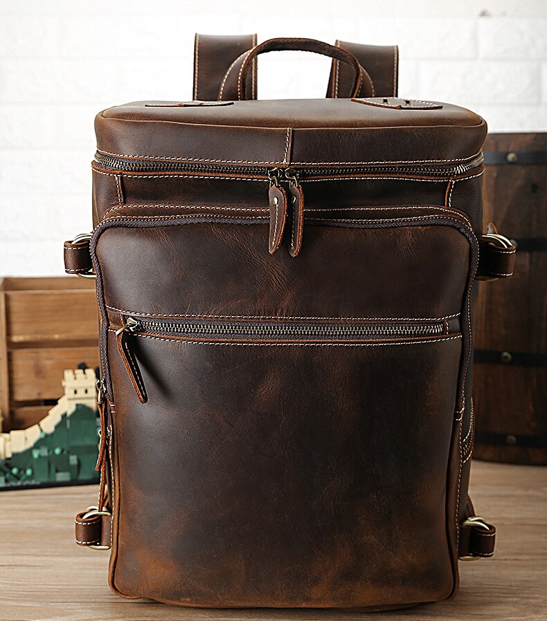 Front&nbsp;Display of Woosir Mens Vintage Leather 15.6 Inch Laptop Backpack