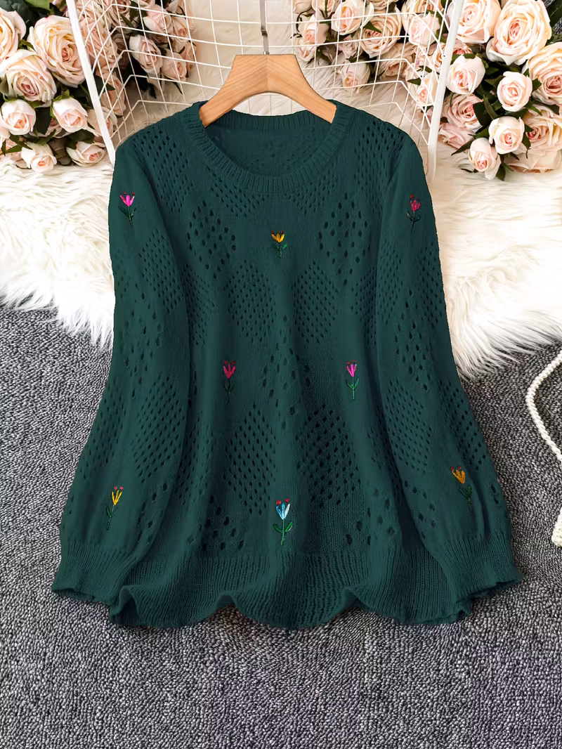 plus size floral embroidery sweater casual cut out long sleeve crew neck sweater for spring womens plus size clothing Product details 10