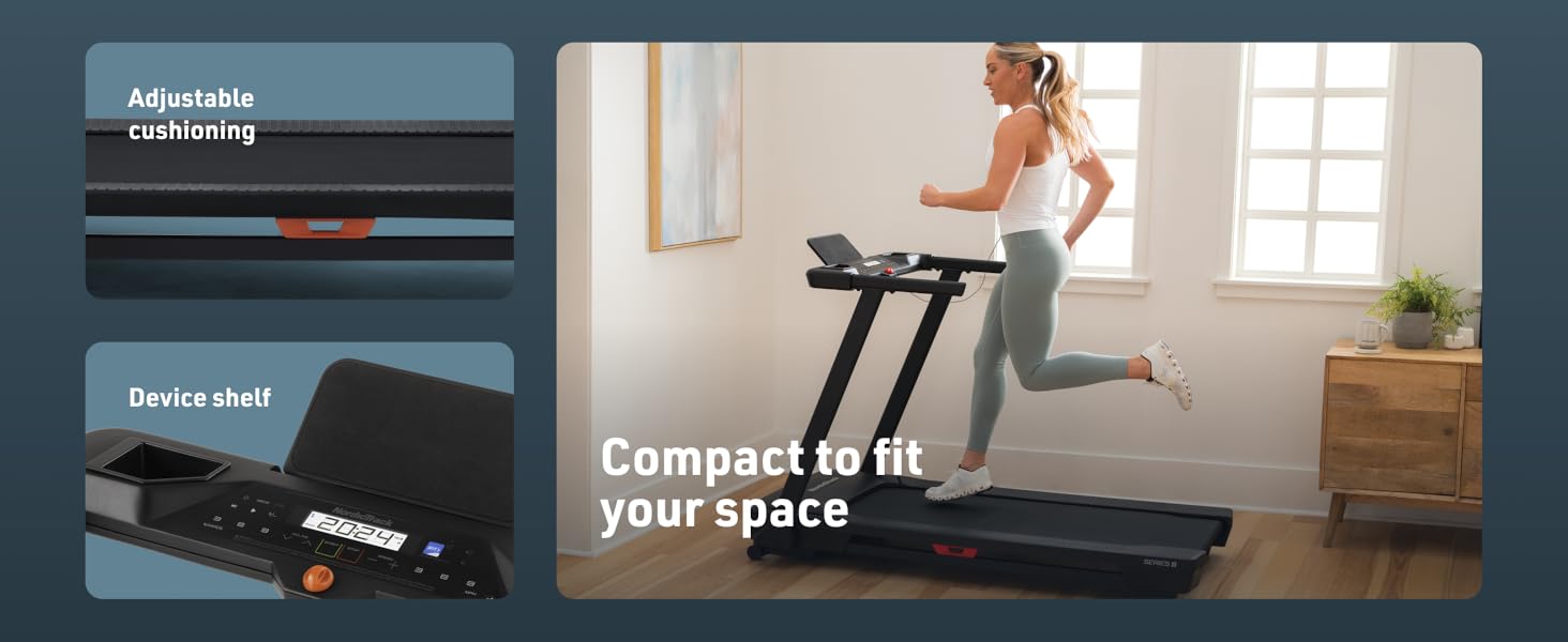 NordicTrack T5 comes with adjustable cushioning, device shelf and is compact to fit in your space