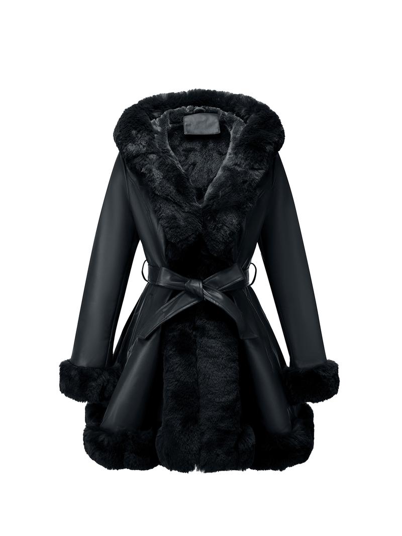 Women's Fall Winter Faux Leather Jacket with Detachable Belt, Long Sleeve Fitted Coat with Hood, Casual Warm Daily Wear