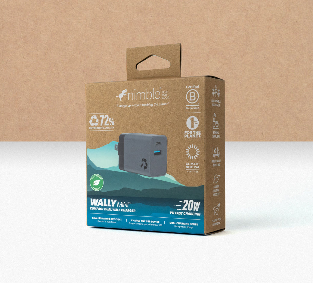 Nimble Wally Mini compact wall charger packaging with eco-friendly labels.