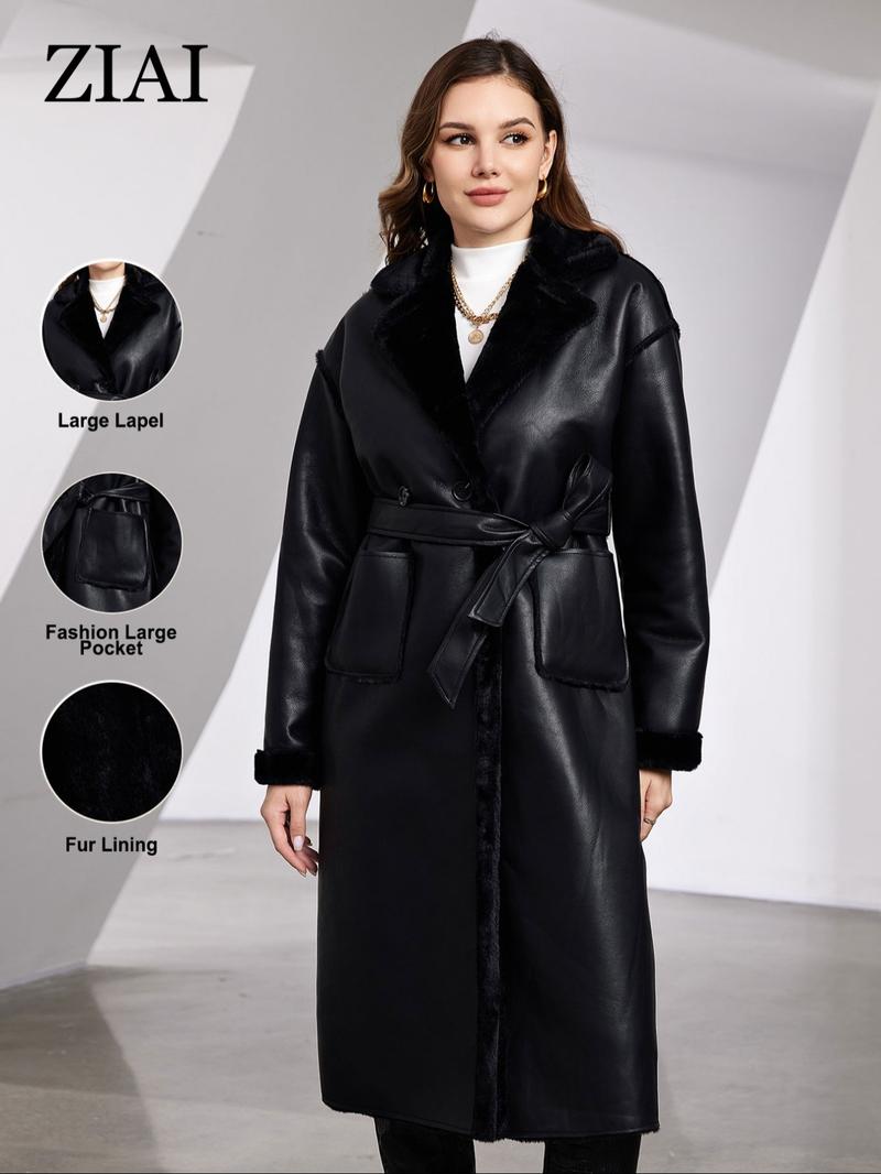 Women's Fall & Winter PU Leather Fur Coat, Thickened Fleece Lined Jacket, Waist Cinching Slimming Warm Outerwear
