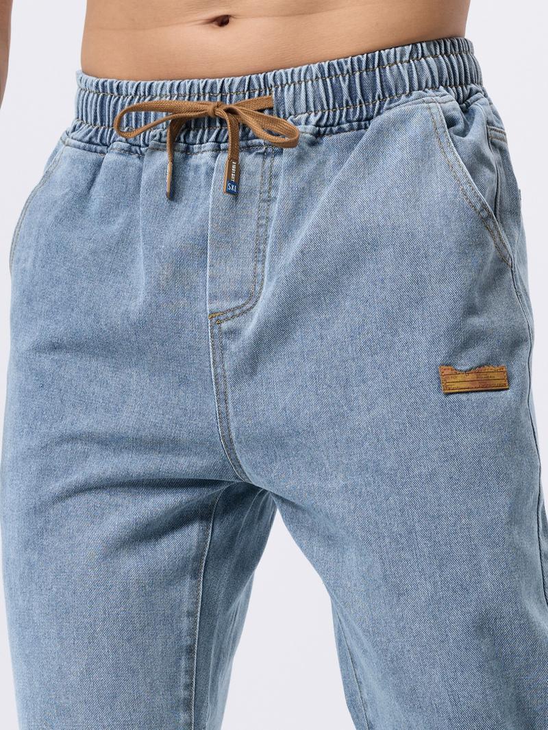 Men's drawstring elastic waist washed and distressed loose straight-leg jeans, non-stretchy denim pants, comfortable and loose fit. Suitable for daily casual wear, urban gatherings, and weekend fashion looks. A must-have trendy men's pants 🔥