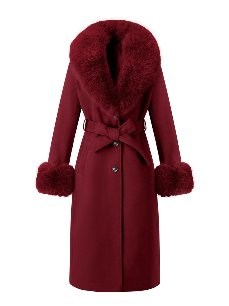 Women's Fall Winter Mid-Length Plain Woolen Coat, Warm Fitted Jacket with Fur Collar, Waist Belt & Pockets, Casual Style