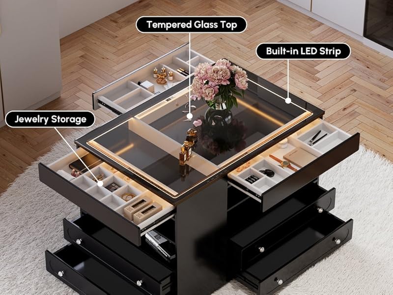 47" Walk-in Closet Vanity Island with LED Light, Jewelry Drawer Organizer, Glass Top