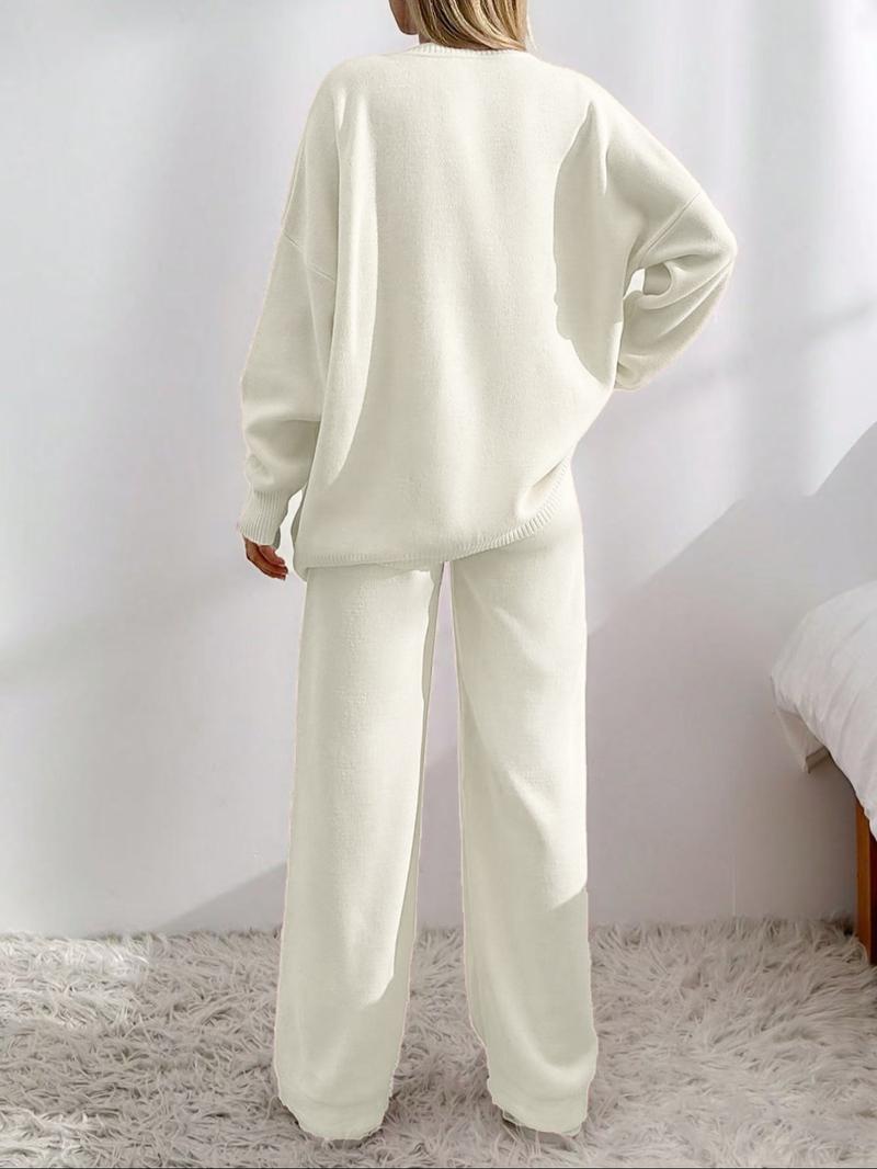 Women's Solid Button Front Drop Shoulder V Neck Cardigan & Elastic Waist Wide Leg Pants Two-piece Set, Casual Fashion Cozy Knitwear Set for Daily Outdoor Wear, Women's Knitwear for Fall & Winter