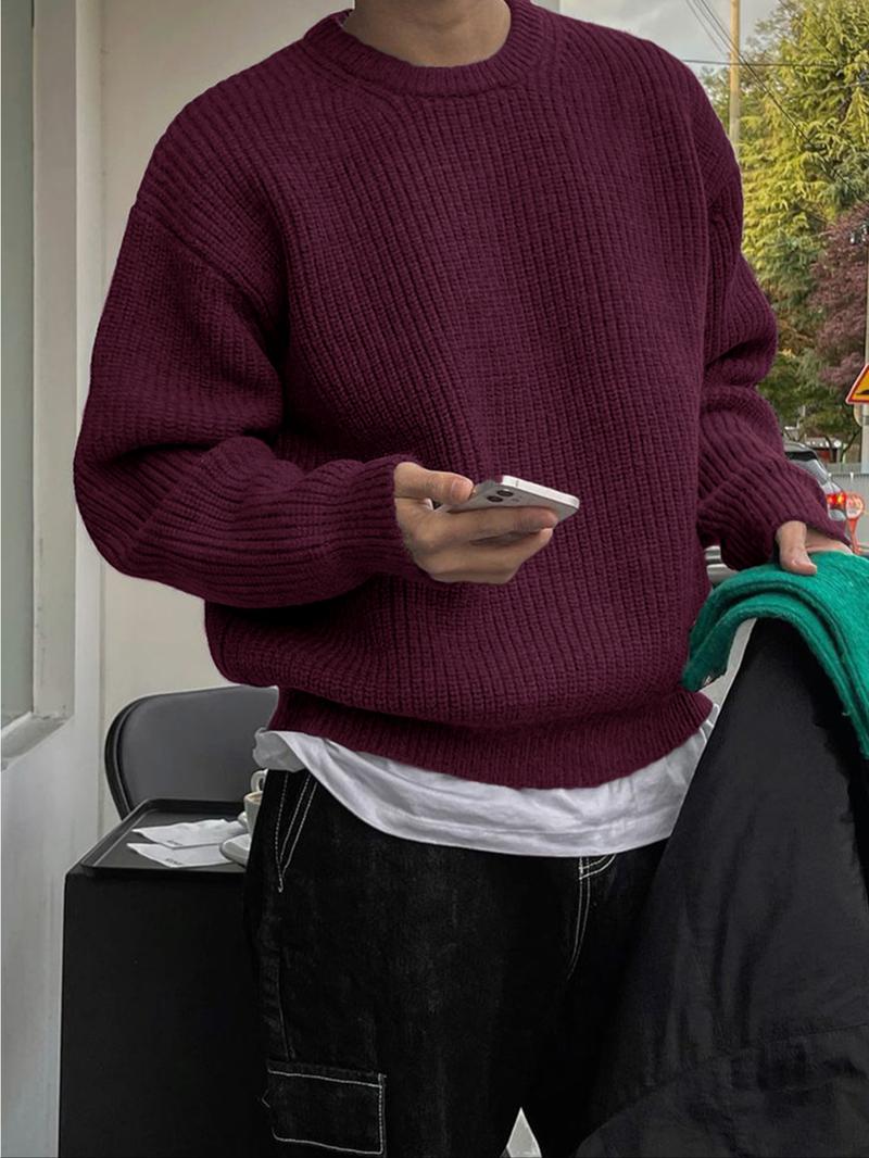 Men's Solid Drop Shoulder Cable Knit Sweater, Loose Casual Long Sleeve Round Neck Jumper for Fall & Winter, Fashion Men's Knitwear for Daily Wear