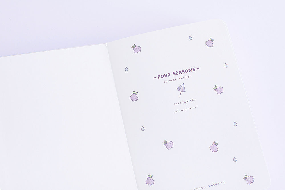 Open front page of Tsuki Four Seasons: Summer Edition Bullet Journal designed with @milkkoyo on lilac background