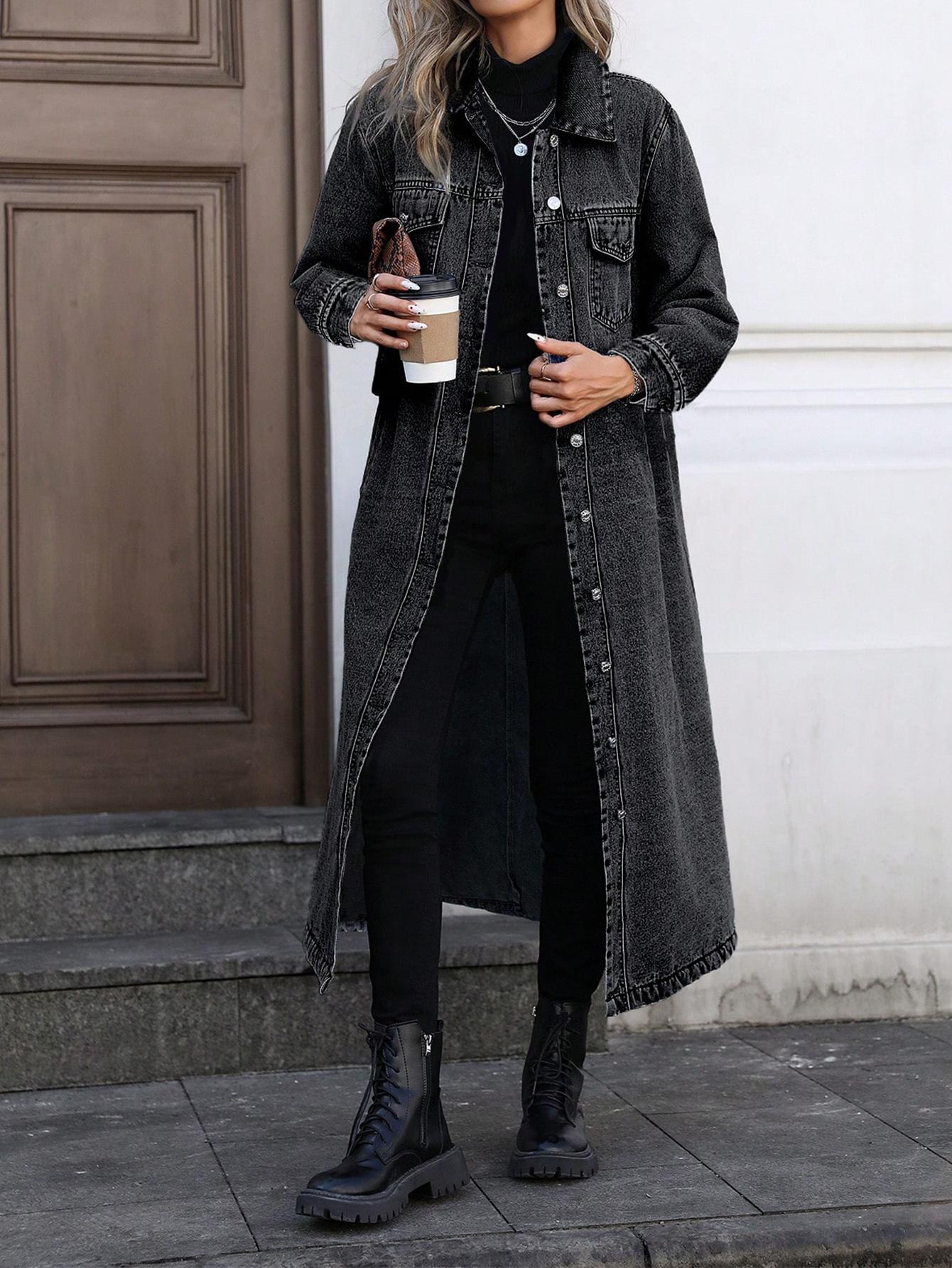 Women's Button Front Denim Coat, Elegant Casual Long Sleeve Outerwear for Spring & Fall, Women's Clothing for Daily Wear