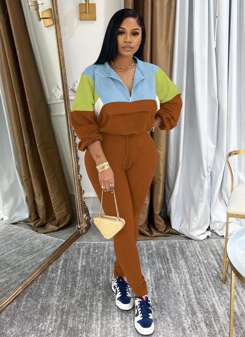 USBoutique Chic Women's Two Piece Outfits Knit Zip Top Jacket & Elastic Waistband Pant Tracksuit Sets 2-piece Pink Blue Colorblock