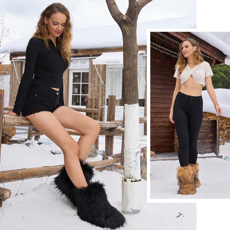 IUV Women's Fluffy Faux Fur Boots Snow Boots for women Winter Round Toe Suede Snow Women's mid-calf Boots Outdoor Indoor Flat Boots Comfy Plush Warm Short Boots Brown Black Pink White Boots Y2k Boots