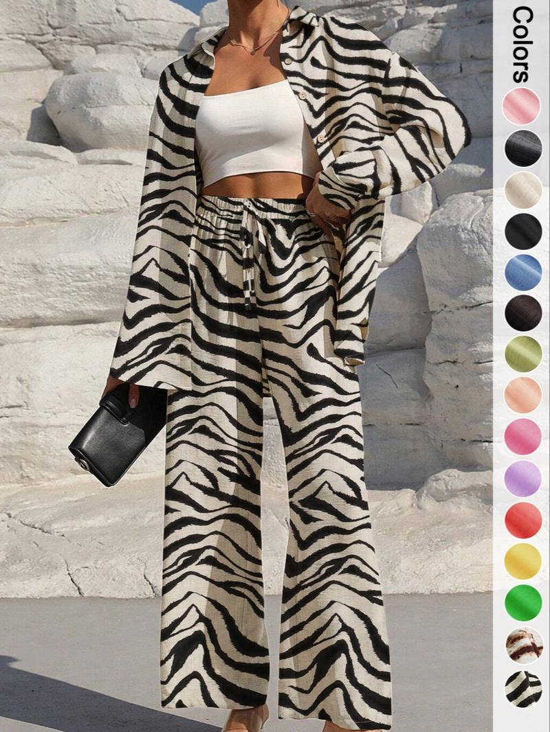 Women's Solid Button Front Collared Shirt & Tie Front Wide Leg Pants Two-piece Set, Casual Drop Shoulder Long Sleeve Top & Trousers 2 Piece Set for Spring & Fall, Women's Clothes for Daily Wear