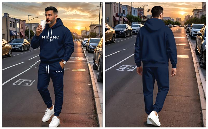 Men's Milano Printed Hoodie and Drawstring Sweatpants Set, Menswear, Casual Athletic Long Sleeve Hooded Jacket & Trousers for Fall & Winter, Men's Clothing for Daily Wear, Sportswear Indoor Outdoor, Tracksuit, Athleisure Summer Clothes