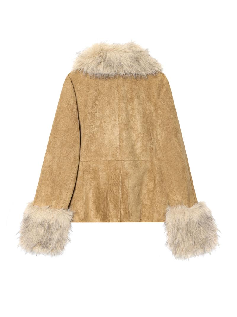 Women's Vintage Suede Jacket Coat, Faux Fur Trimmed Collar Cuffs and Button Design, Slim Fit Fall Winter Fashion Outerwear
