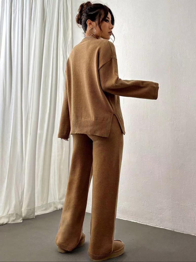 Women's Solid Drop Shoulder Split Hem Sweater & Elastic Waist Straight Leg Pants Two-piece Set, Casual Fashion Cozy Knitwear Set for Daily Outdoor Wear, Women Knitwear for Fall & Winter, Womenswear