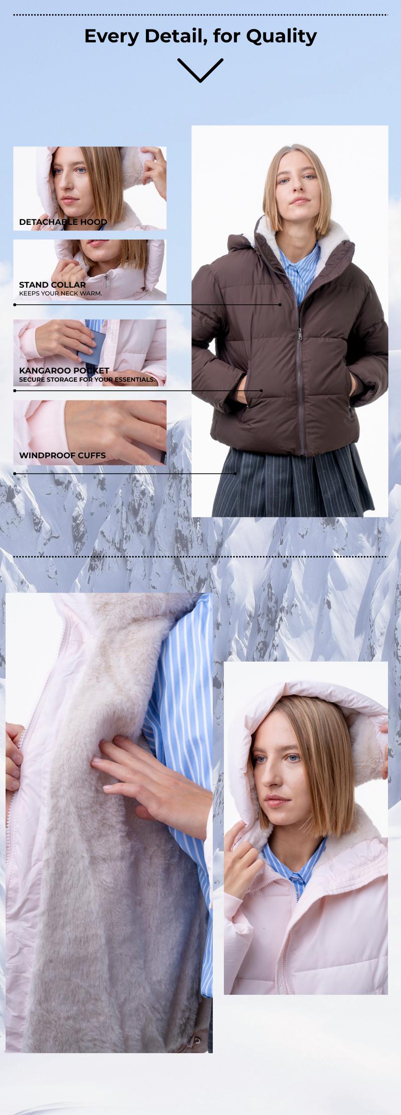 PUFFIT WarmCore Premium Short Puffer Jackets with Removable Hood & Optional Faux Fur Linging, Lady Casual Outerwear Longsleeves Zip Pockets Warm Quilted Coat